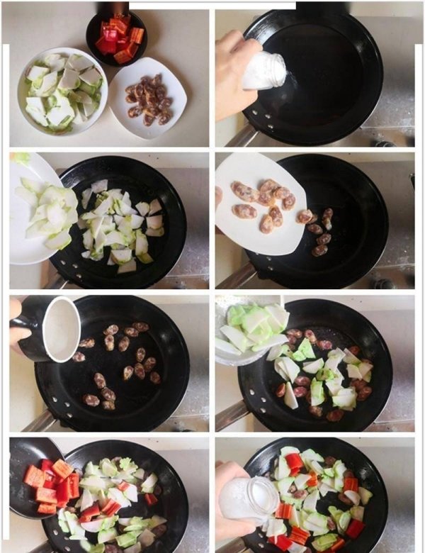 儿菜片怎么炒-红椒腊肠炒儿菜片的做法2